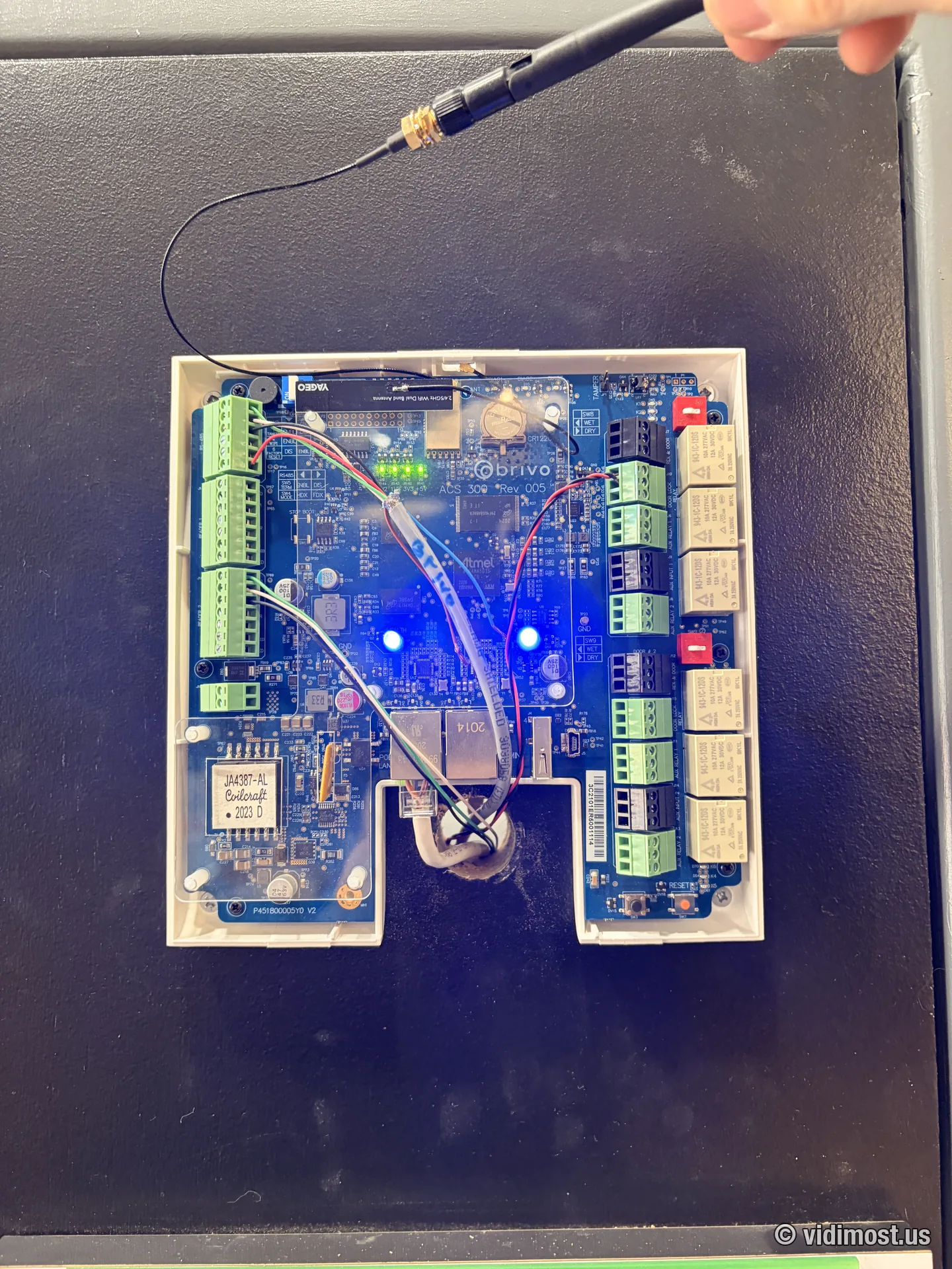 Brivo ACS300 controller board wired and powered inside an enclosure