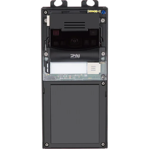 2N IP Verso 2.0 main unit (black) — modular IP video intercom installed at the building entrance